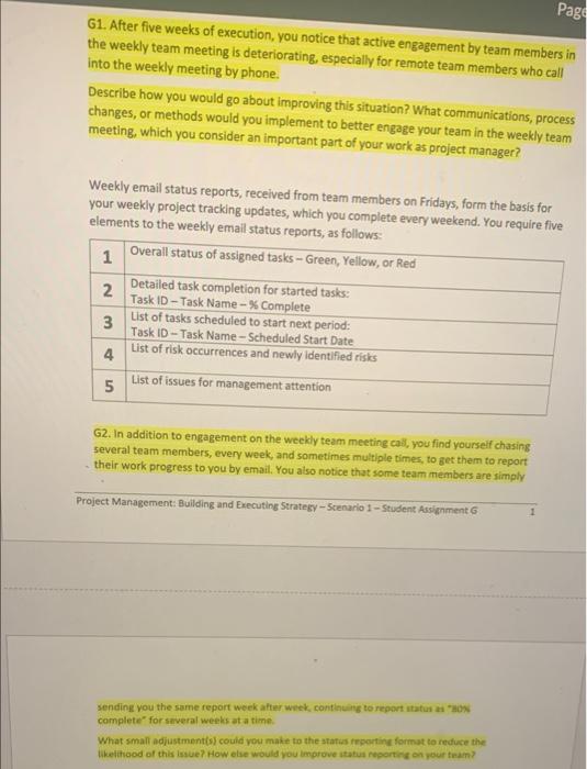 Page G1. After five weeks of execution, you