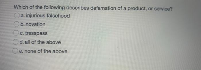Which of the following describes defamation of a