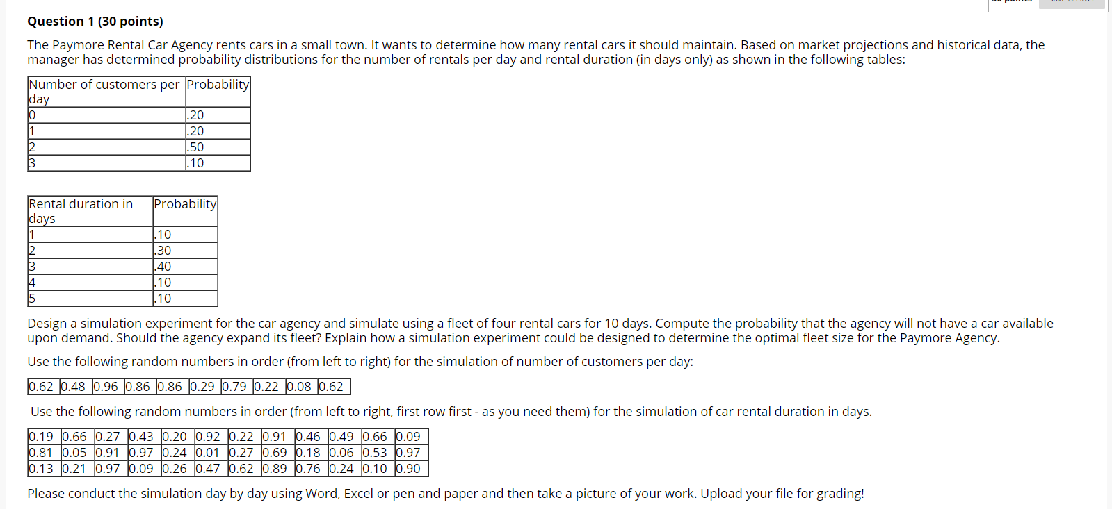 Question 1 (30 points) The Paymore Rental Car