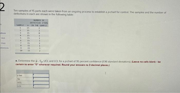 2 Ten samples of 15 parts each were taken from an