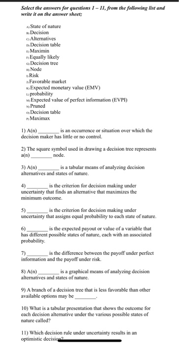 Select the answers for questions 1-11, from the
