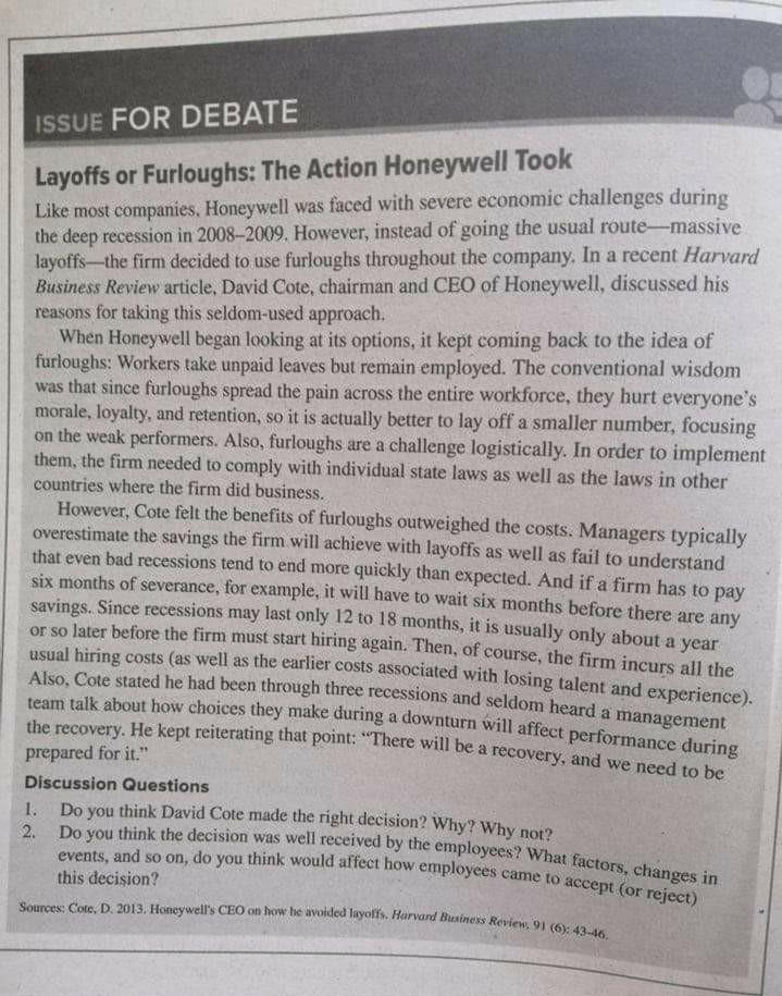 ISSUE FOR DEBATE Layoffs or Furloughs: The Action