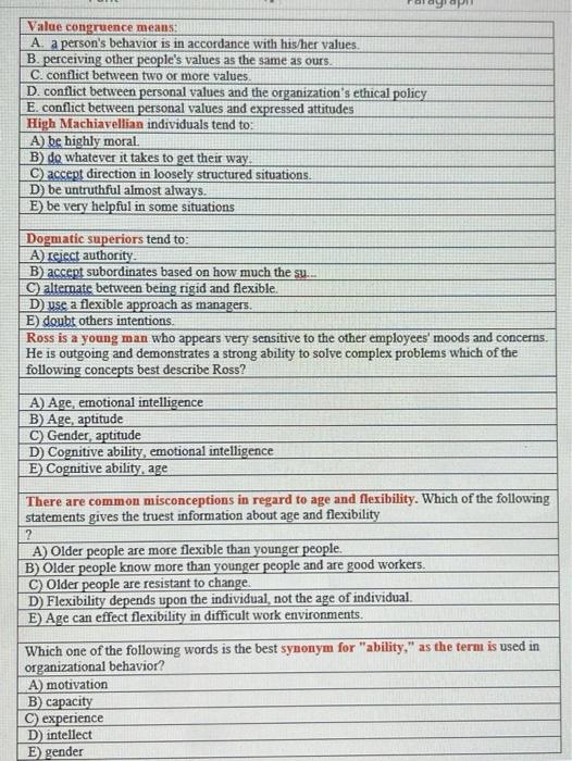 Value congruence means A. a person's behavior is