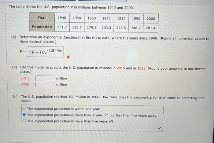 The table shows the U.S. population P in millions