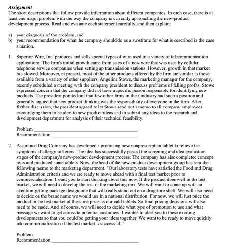 Assignment The short descriptions that follow