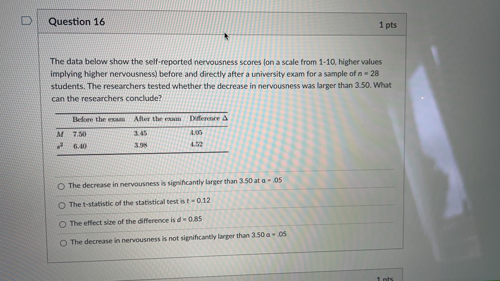 subject HR Question 16 1 pts The data below show