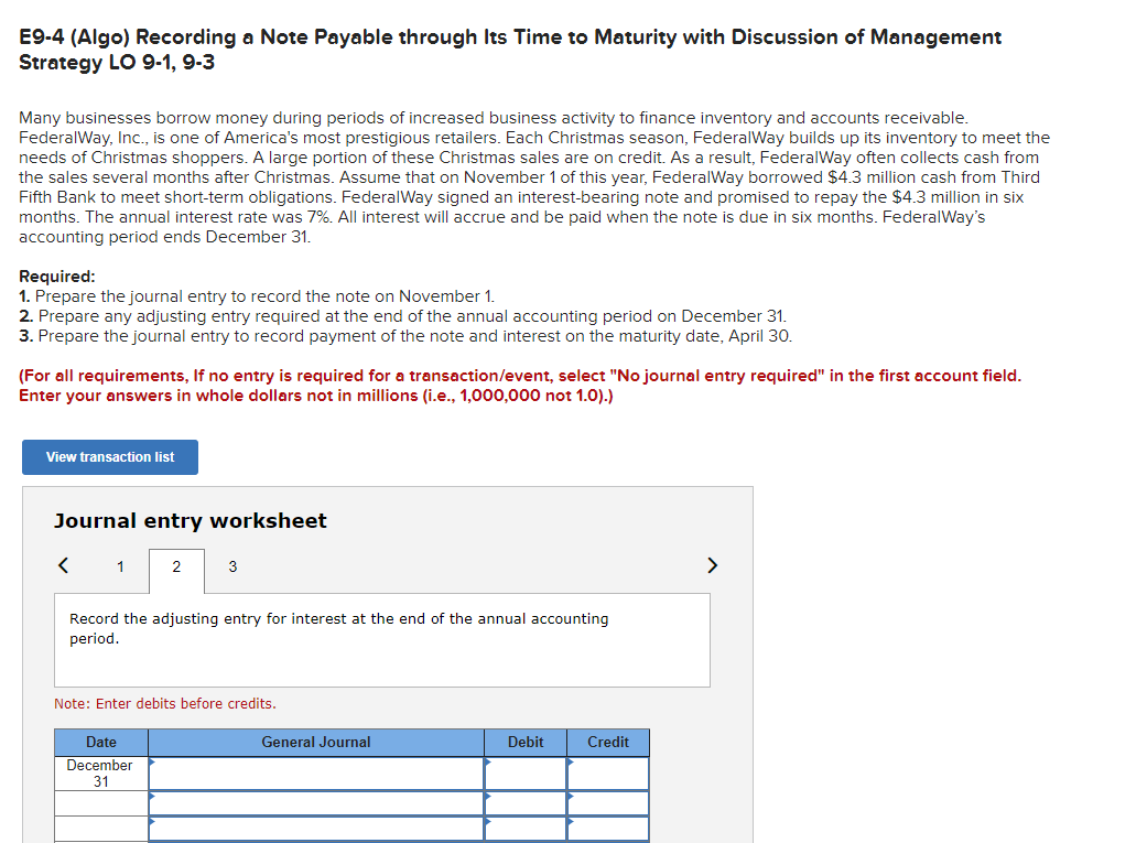 E9-4 (Algo) Recording a Note Payable through Its