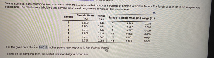 Twelve samples, each containing five parts, were