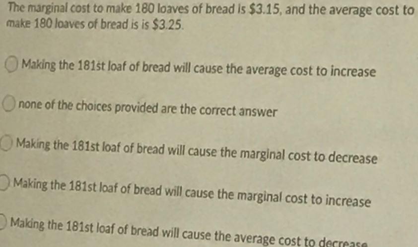 The marginal cost to make 180 loaves of bread is