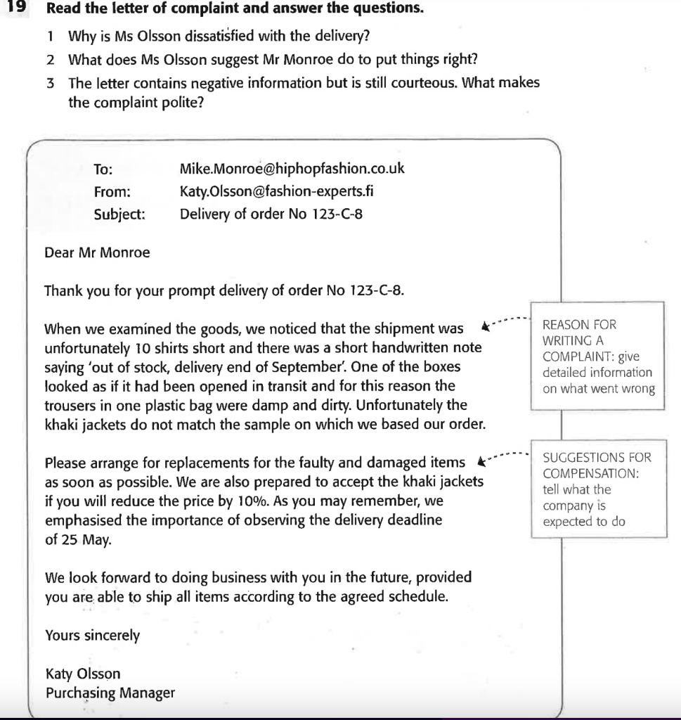 19 Read the letter of complaint and answer the