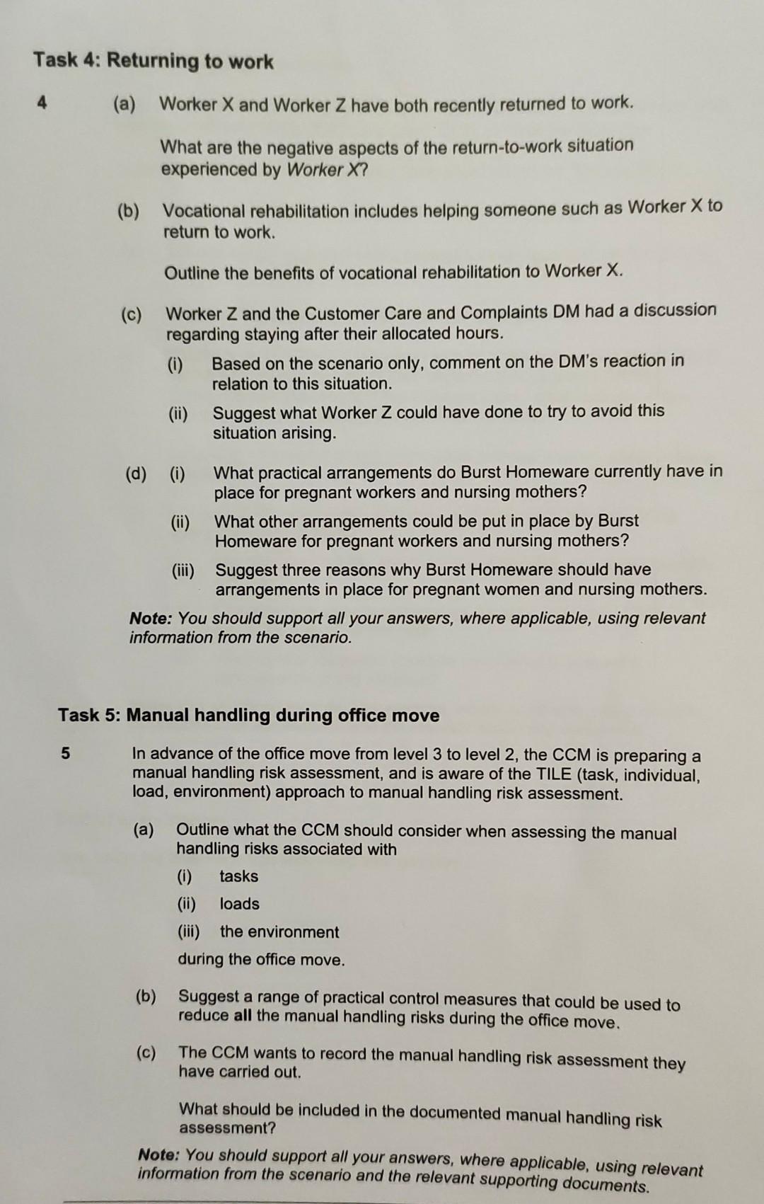 nebosh idip Task 4: Returning to work 4 (a)