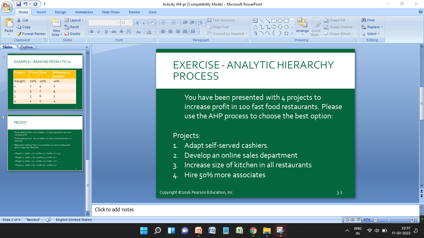 Exercise - Analytic Hierarchy Process : The AHP
