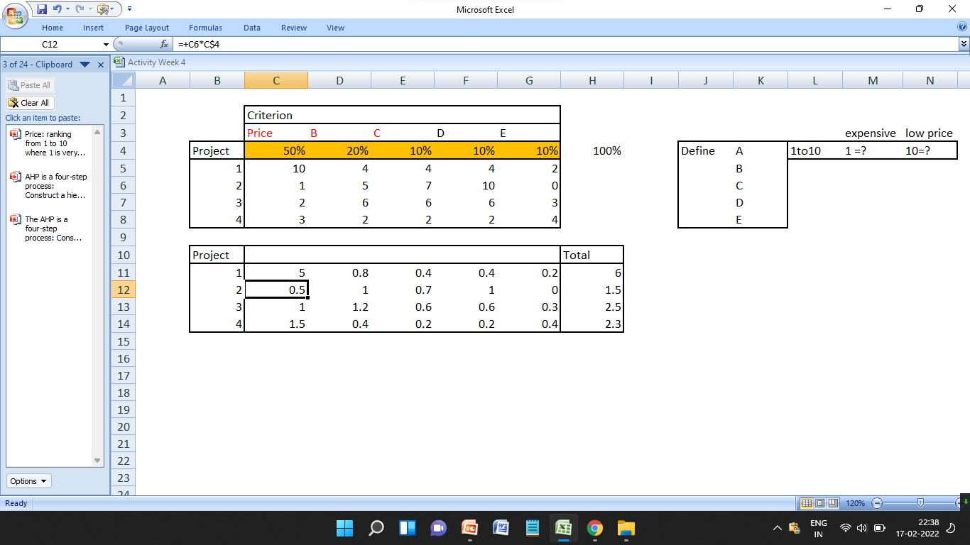 Exercise - Analytic Hierarchy Process : The AHP
