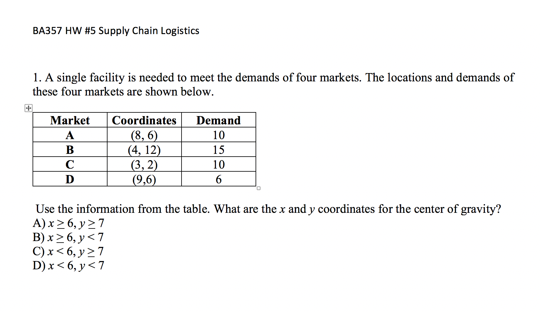 BA357 HW #5 Supply Chain Logistics 1. A single