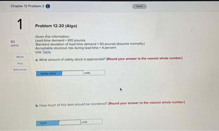 Chapter 12 Problem 2 1 Problem 12-20 (Algo) 50