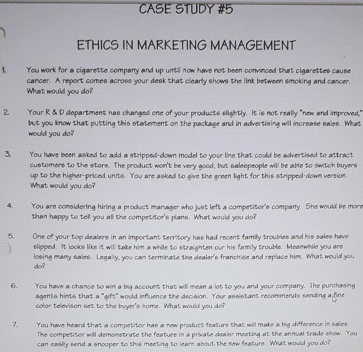 CASE STUDY #5 ETHICS IN MARKETING MANAGEMENT 1