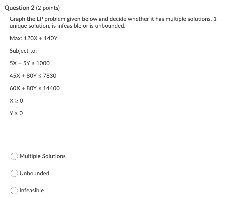 Question 5 (2 points) Graph the LP problem given