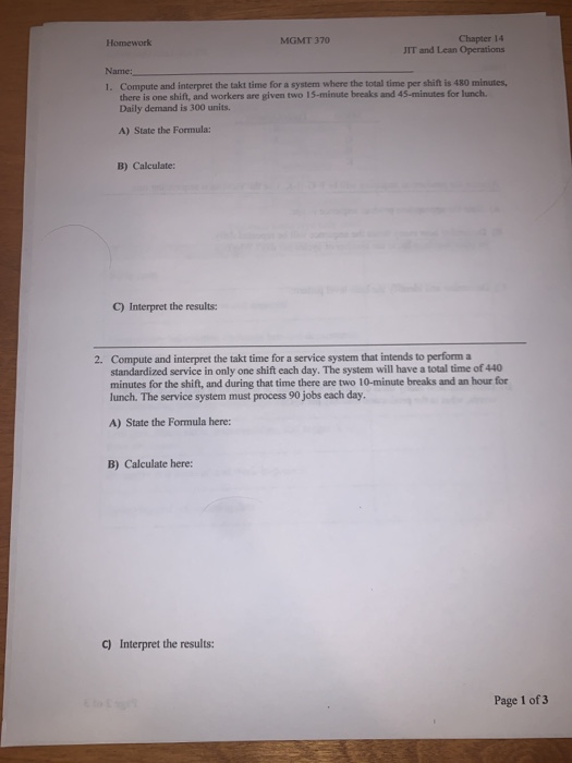 Homework MGMT 370 Chapter 14 JIT and Lean