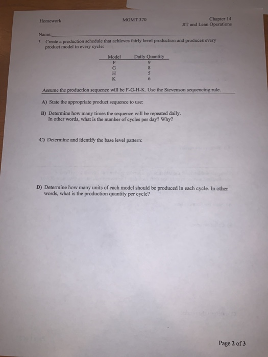 Homework MGMT 370 Chapter 14 JIT and Lean