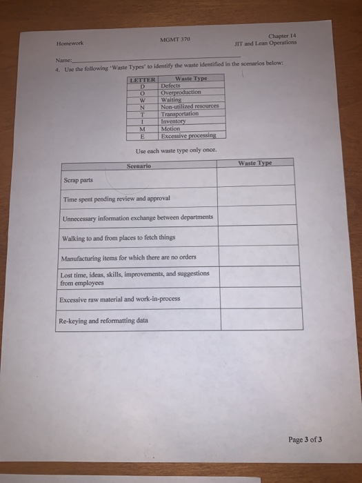Homework MGMT 370 Chapter 14 JIT and Lean