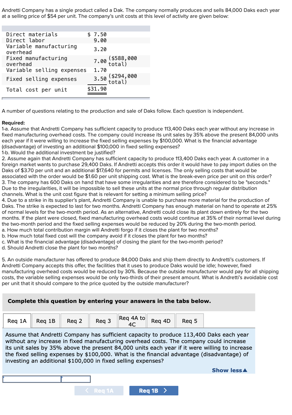 Andretti Company has a single product called a