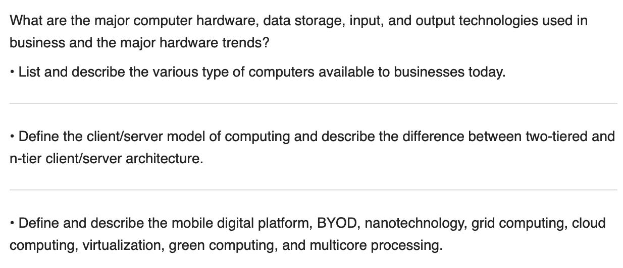 What are the major computer hardware, data