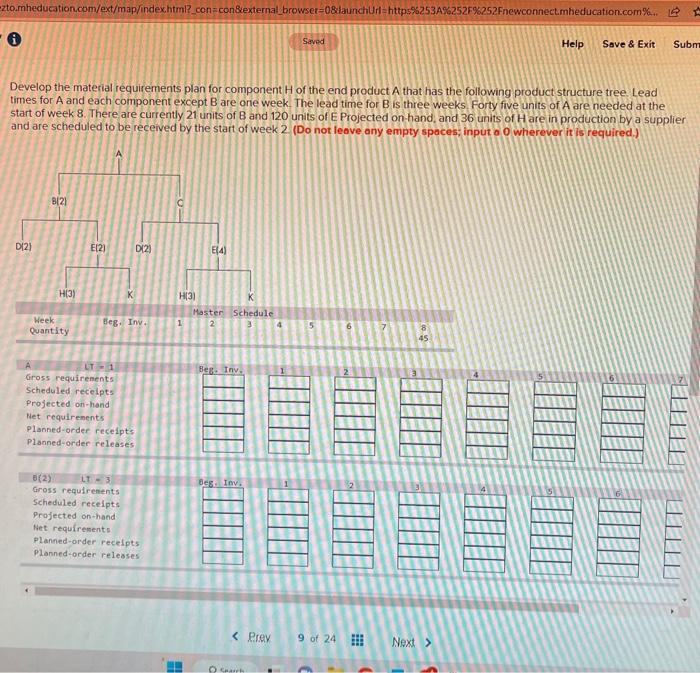 Develop the material requirements plan for