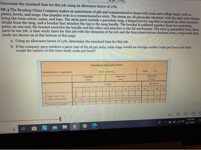 Determine the standard time for this job using an