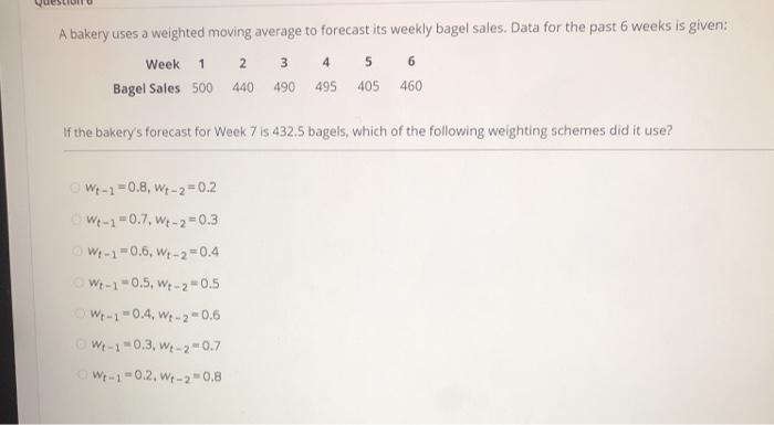 A bakery uses a weighted moving average to
