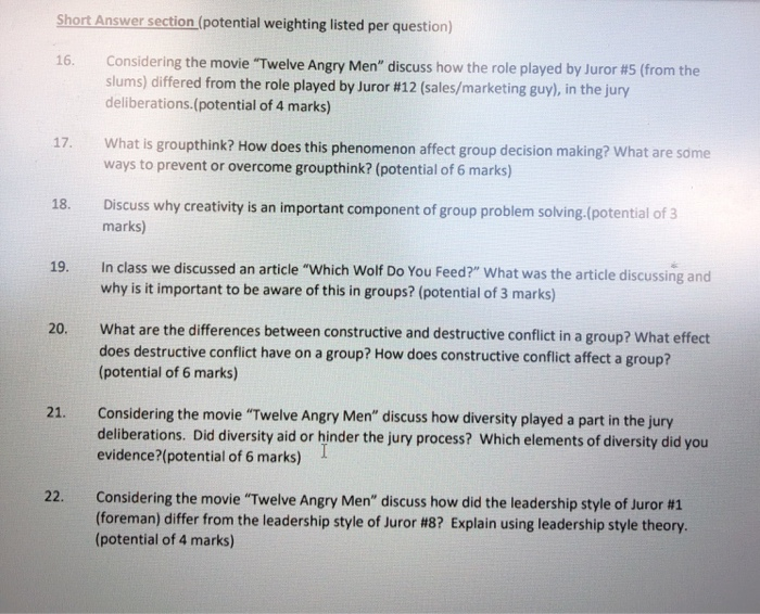 Short Answer section (potential weighting listed