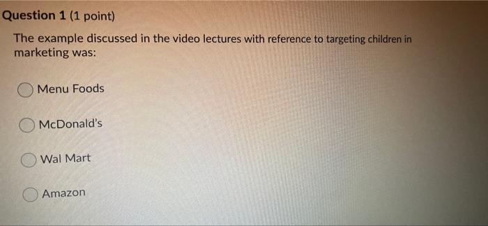 Question 1 (1 point) The example discussed in the