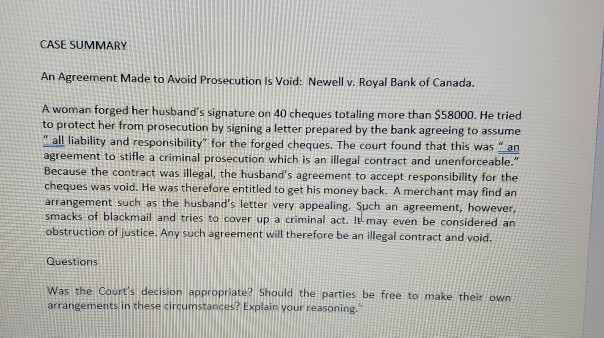 CASE SUMMARY An Agreement Made to Avoid