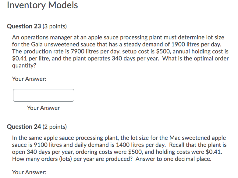 Inventory Models Question 23 (3 points) An