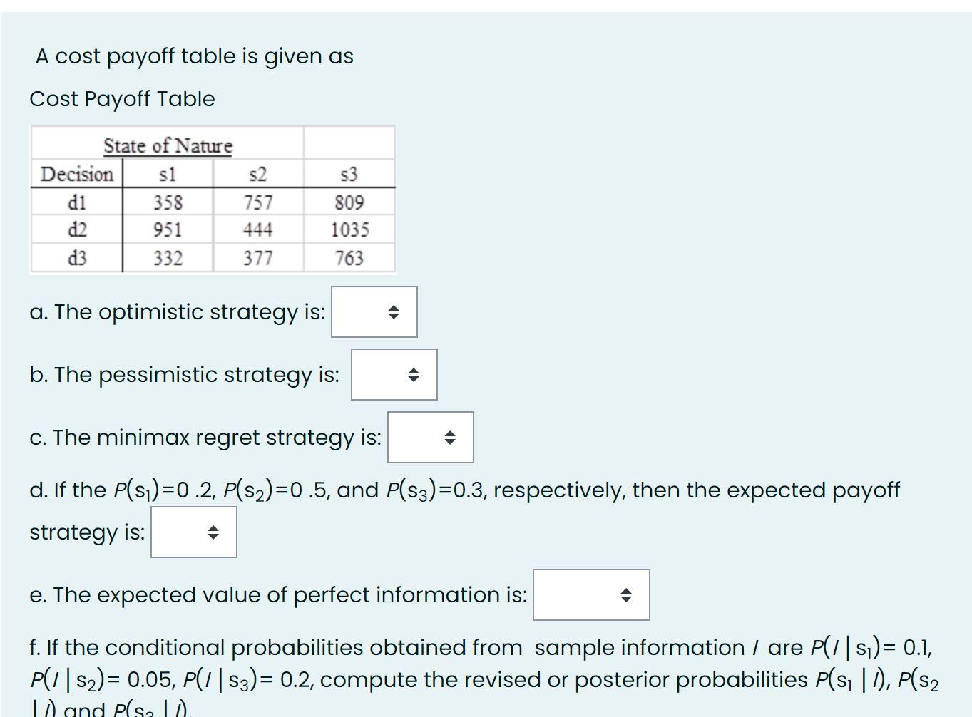 A cost payoff table is given as Cost Payoff Table