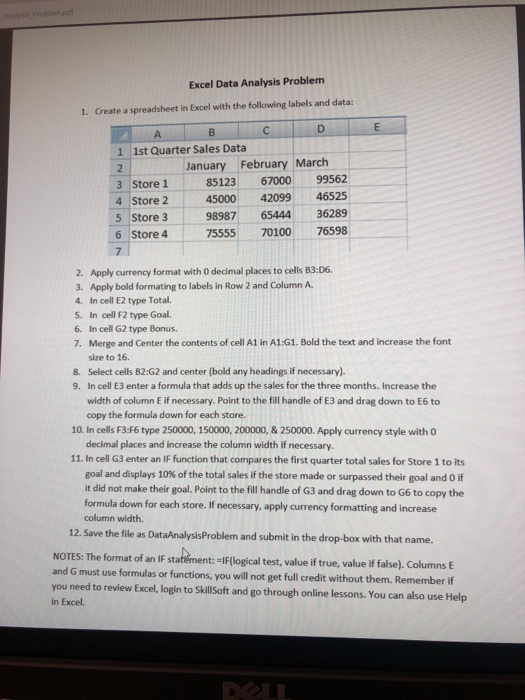 Excel Data Analysis Problem 1. Create a