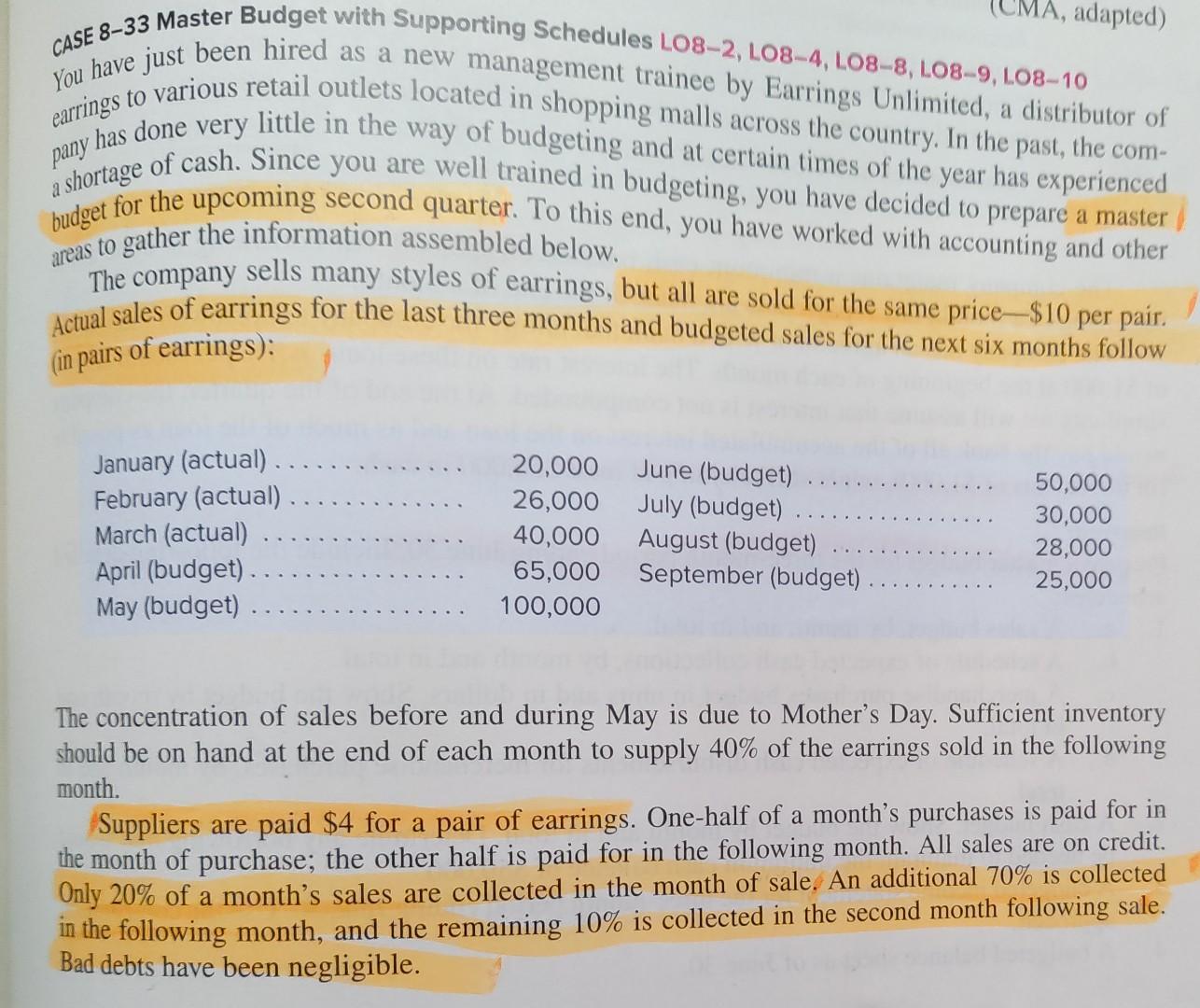 I need help preparing a master budget for the