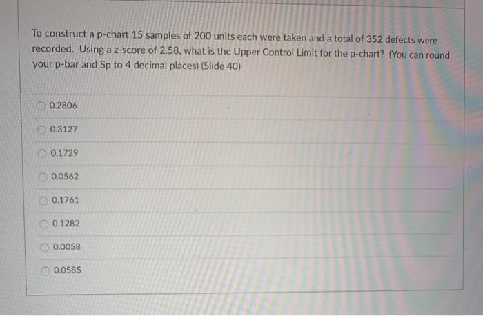 To construct a p-chart 15 samples of 200 units