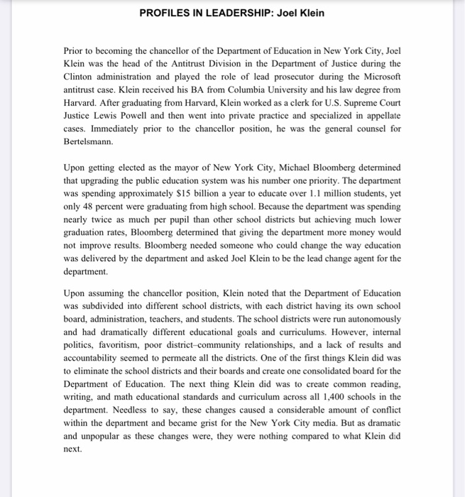 PROFILES IN LEADERSHIP: Joel Klein Prior to