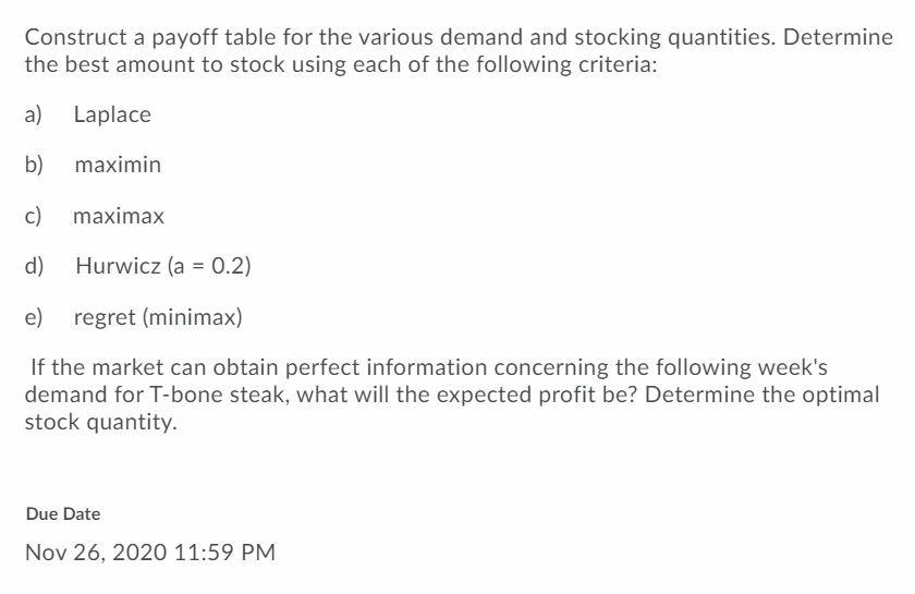 Construct a payoff table for the various demand