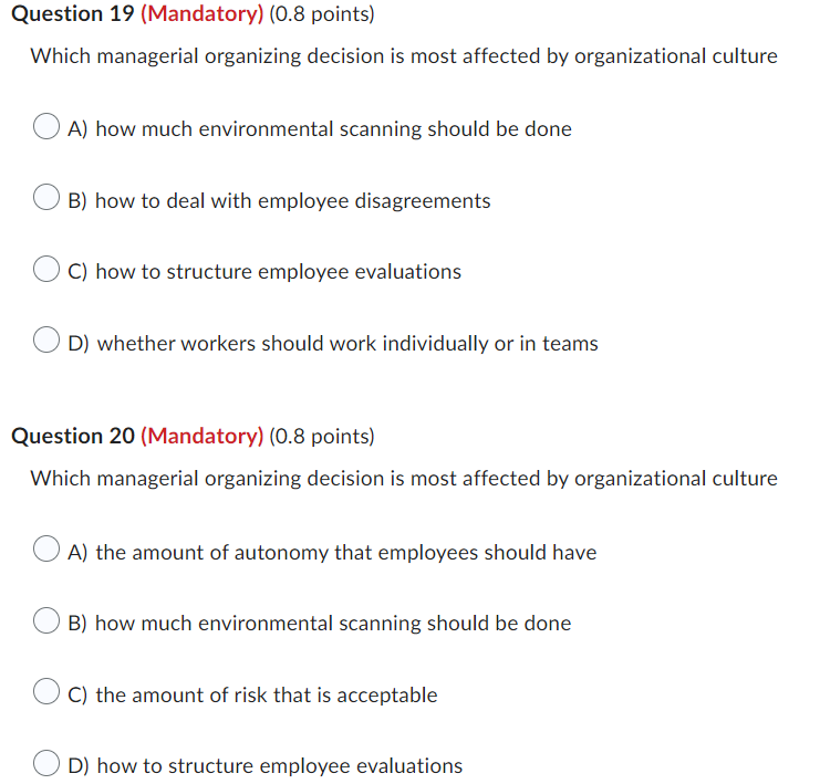 Question 19 (Mandatory) (0.8 points) Which