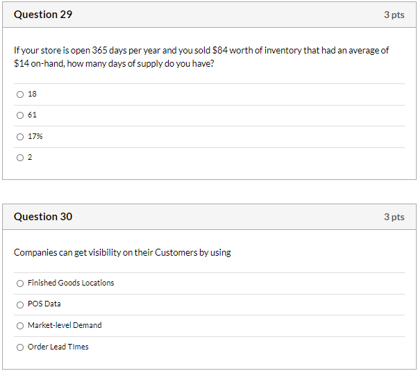 Question 29 3 pts If your store is open 365 days