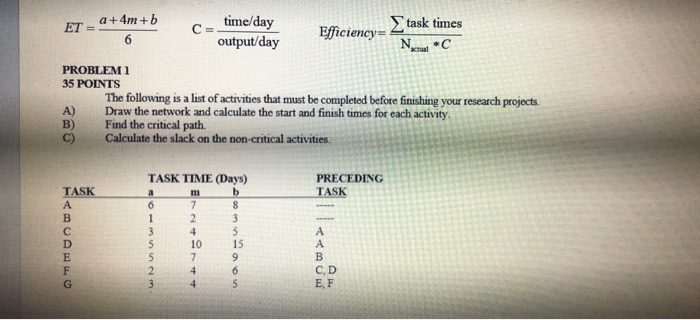 ET = a +4m + b time/day C= Efficiency= task times