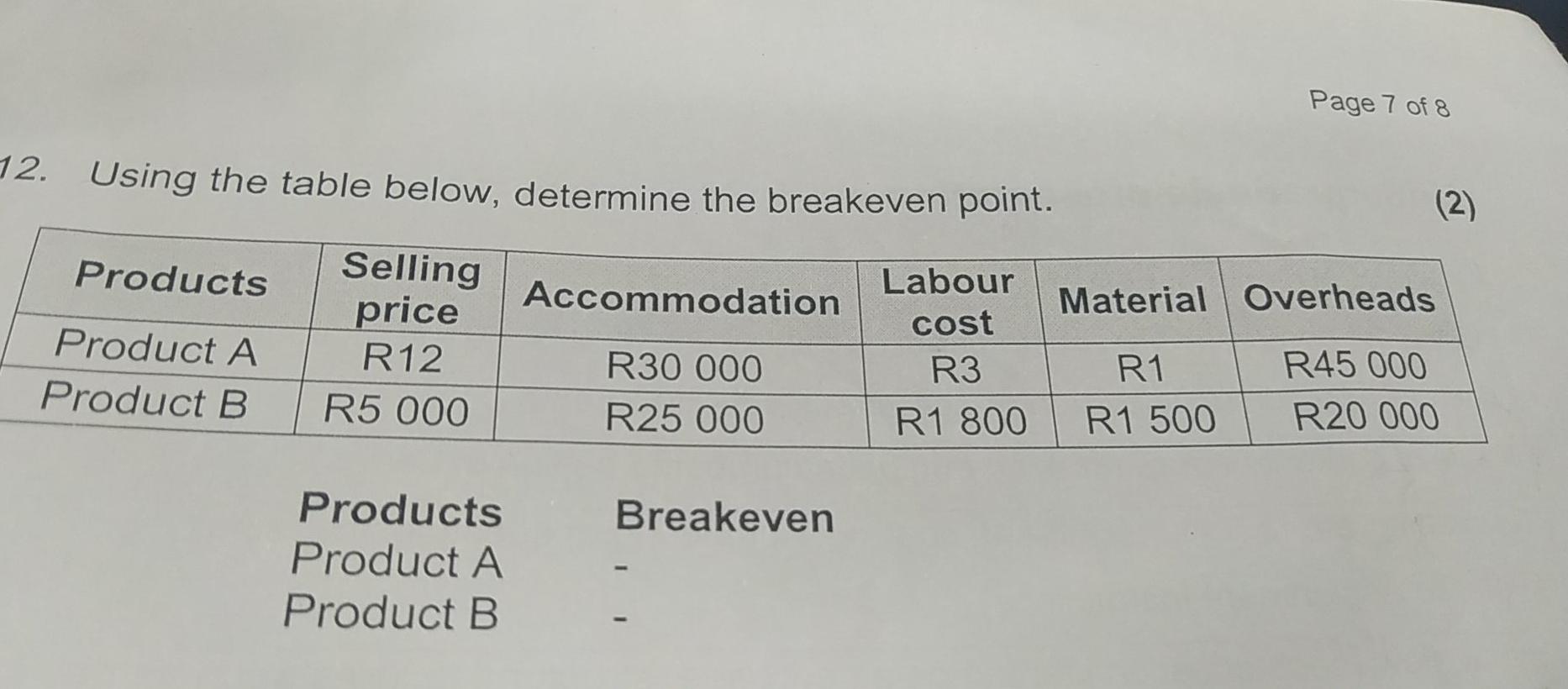 Page 7 of 8 12. Using the table below, determine