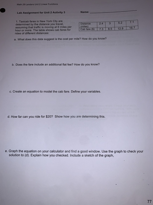 Math 29 Landers Unit 2 Linear Functions Lab