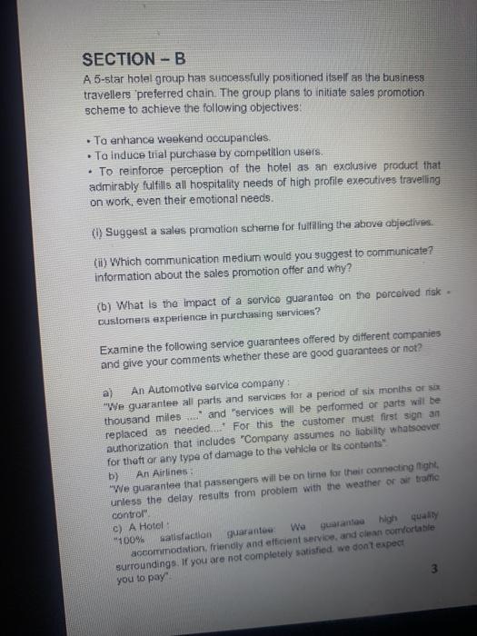 SECTION - B A 5-star hotel group has successfully