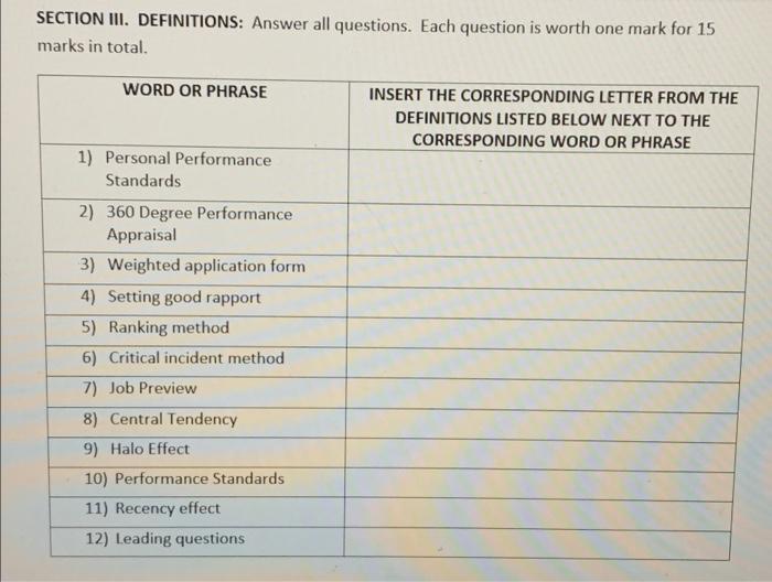 match the following SECTION III. DEFINITIONS: