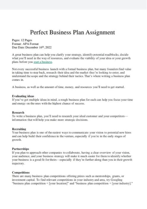 Perfect Business Plan Assignment Pages: 12 Pages