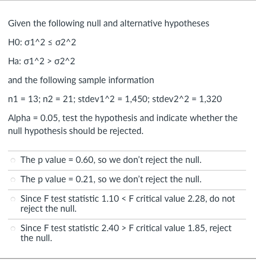 Given the following null and alternative