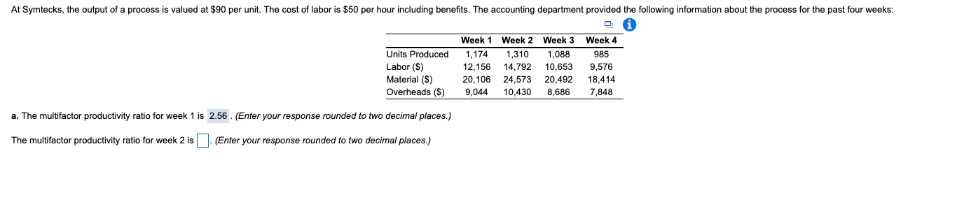 The multifactor productivity ratio for week 3 is