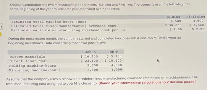 Opunul Corporation has two manufacturing